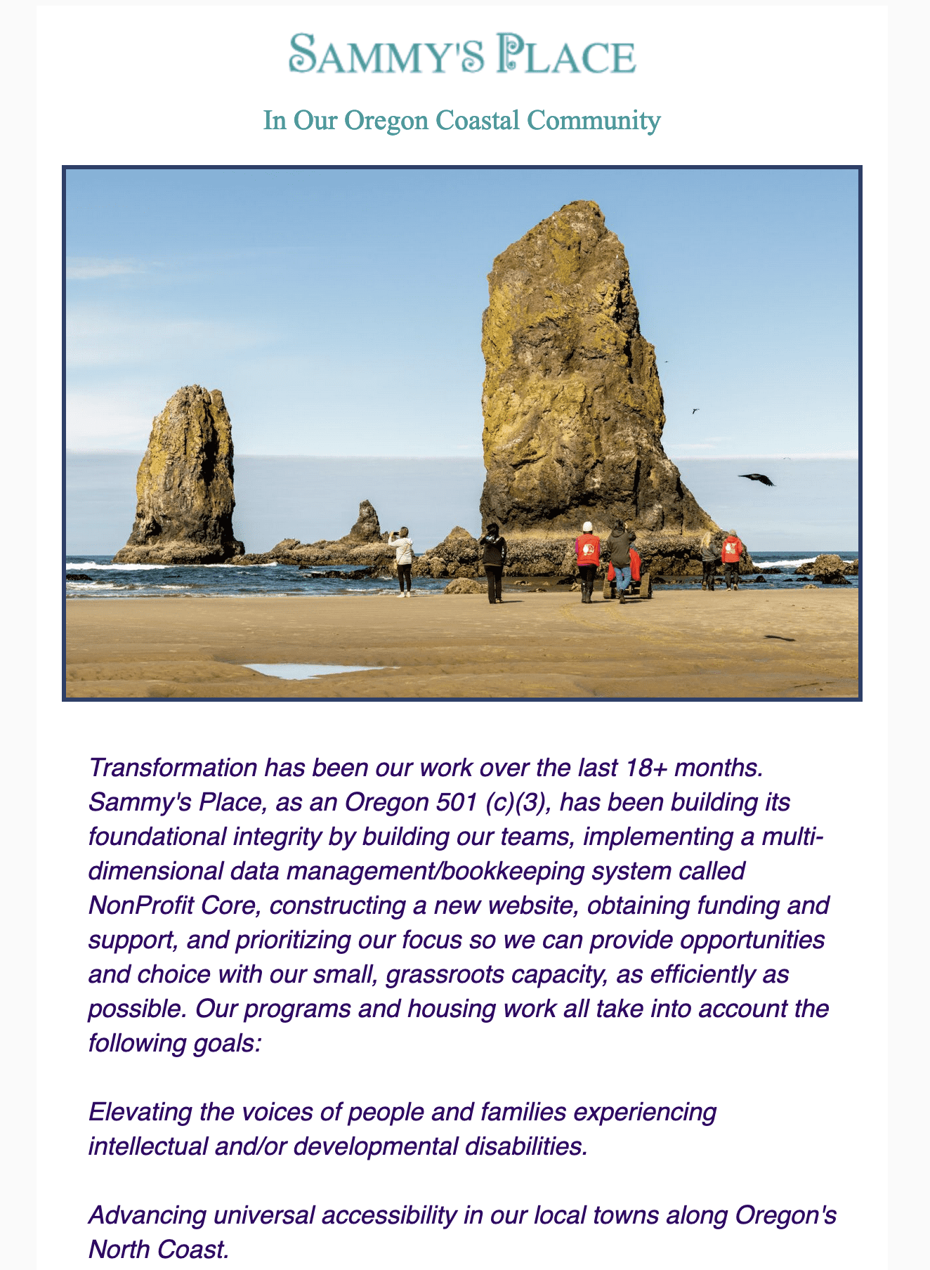 Cover of 2023 newsletter with picture of the beach and haystack needles rocks with people exploring